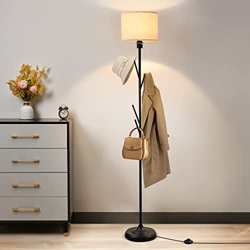 LEDIARY Black Floor Lamp with Coat Rack, 3000K Soft White Multi-Purpose Standing Floor Lamp for Living Room Bedroom Office, Modern Style Tall Pole Lamp with Linen Lamp Shade & Foot Switch