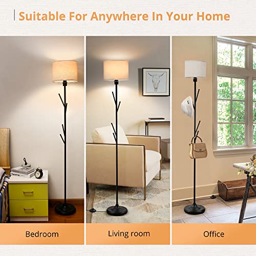 LEDIARY Black Floor Lamp with Coat Rack, 3000K Soft White Multi-Purpose Standing Floor Lamp for Living Room Bedroom Office, Modern Style Tall Pole Lamp with Linen Lamp Shade & Foot Switch
