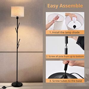 LEDIARY Black Floor Lamp with Coat Rack, 3000K Soft White Multi-Purpose Standing Floor Lamp for Living Room Bedroom Office, Modern Style Tall Pole Lamp with Linen Lamp Shade & Foot Switch