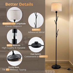 LEDIARY Black Floor Lamp with Coat Rack, 3000K Soft White Multi-Purpose Standing Floor Lamp for Living Room Bedroom Office, Modern Style Tall Pole Lamp with Linen Lamp Shade & Foot Switch