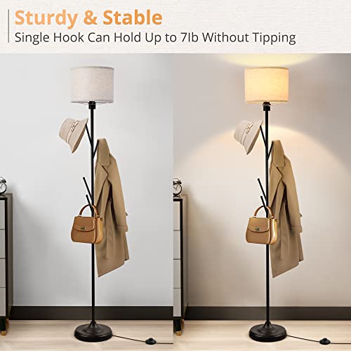 LEDIARY Black Floor Lamp with Coat Rack, 3000K Soft White Multi-Purpose Standing Floor Lamp for Living Room Bedroom Office, Modern Style Tall Pole Lamp with Linen Lamp Shade & Foot Switch