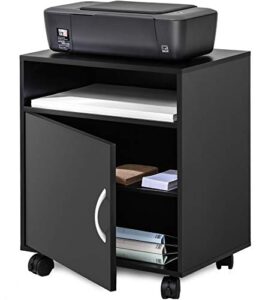 fitueyes printer stand with adjustable storage shelves, mobile black wood work cart on wheels, rolling file cabinet with door for home office, ps404801wb