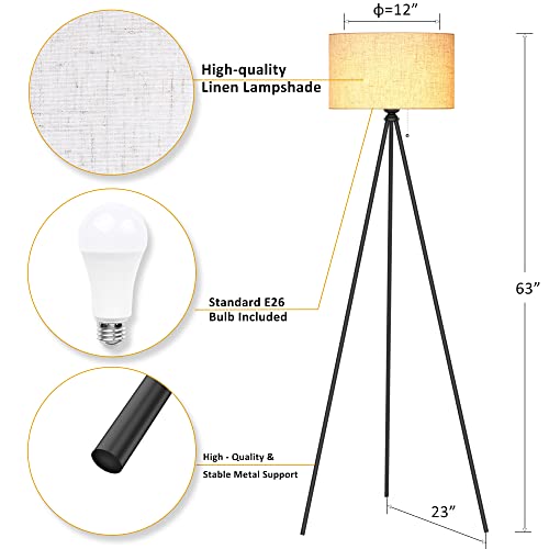 PAZZO Tripod Floor Lamp, Upgraded Large Lamp Shade, Modern Floor Lamp with 4 Color Temperature LED Bulb, Standing Lamp with Remote Control, Mid Century Floor lamp for Living Room, Bedroom, Black
