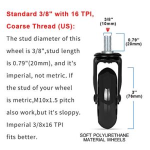 8T8 Upgraded Chair Caster Wheels 3'', Quiet and Smooth Rolling,Heavy Duty Wheels with Threaded Stem 3/8''-16x1"(Not Metric M10), Safe for Hardwood Tile Carpet Floors, Set of 5