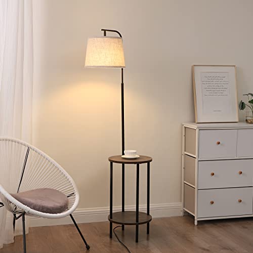 DEWENWILS Floor Lamp with Table Attached, Industrial Farmhouse Narrow Nightstand, Wooden End Side Table Floor Lamp, Adjustable Reading Lamp for Bedroom, Living Room, Office, Kids Room