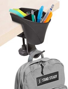 stand steady pen cup | original 3-in-1 desk organizer | free up desk space with clamp on pen holder & bag hook | no drill needed | organize pencils, markers, paper clips & more (black)