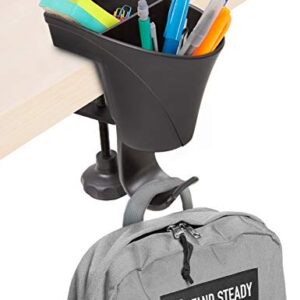 Stand Steady Pen Cup | Original 3-in-1 Desk Organizer | Free Up Desk Space with Clamp On Pen Holder & Bag Hook | No Drill Needed | Organize Pencils, Markers, Paper Clips & More (Black)