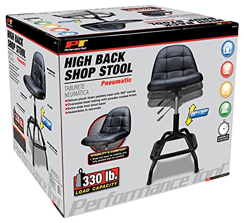 Performance Tool W85031 Pneumatic High Back Adjustable Swivel Bar Stool with Back Support for Home, Bar, and Shop, Black, 26-32 inches High