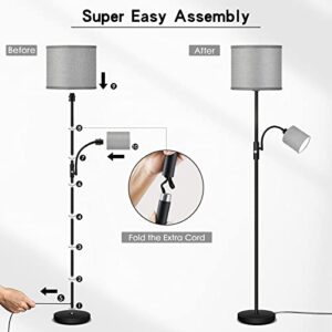 Standing Lamp, 12W LED Floor Lamp with Reading Light, 69" Tall Lamps for Living Room,Bedroom,Office, Boho Floor Lamp with 3-Way Rotary Switch, Stand up Lamp in Grey Linen Lampshade, LED Bulbs Included