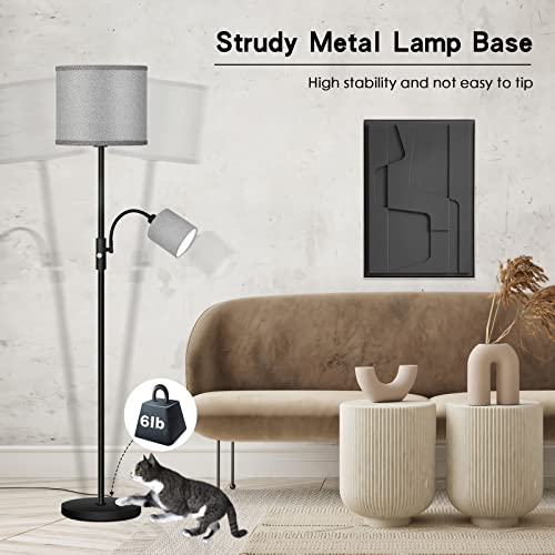 Standing Lamp, 12W LED Floor Lamp with Reading Light, 69" Tall Lamps for Living Room,Bedroom,Office, Boho Floor Lamp with 3-Way Rotary Switch, Stand up Lamp in Grey Linen Lampshade, LED Bulbs Included