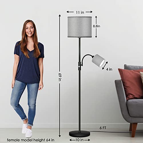 Standing Lamp, 12W LED Floor Lamp with Reading Light, 69" Tall Lamps for Living Room,Bedroom,Office, Boho Floor Lamp with 3-Way Rotary Switch, Stand up Lamp in Grey Linen Lampshade, LED Bulbs Included