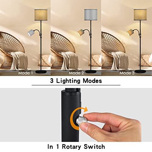 Standing Lamp, 12W LED Floor Lamp with Reading Light, 69" Tall Lamps for Living Room,Bedroom,Office, Boho Floor Lamp with 3-Way Rotary Switch, Stand up Lamp in Grey Linen Lampshade, LED Bulbs Included