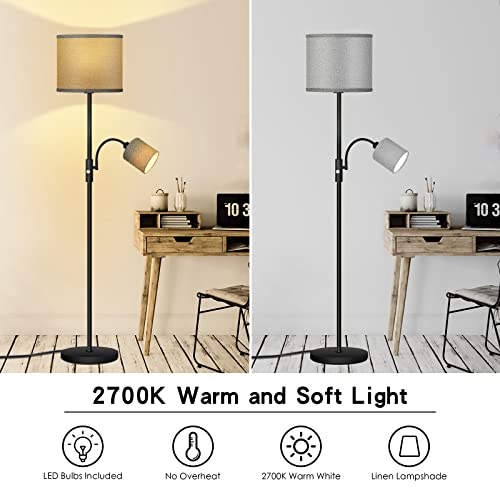 Standing Lamp, 12W LED Floor Lamp with Reading Light, 69" Tall Lamps for Living Room,Bedroom,Office, Boho Floor Lamp with 3-Way Rotary Switch, Stand up Lamp in Grey Linen Lampshade, LED Bulbs Included