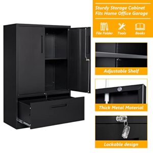 STANI Metal Storage Cabinet, Metal Cabinet with Adjustable Shelf and Drawer, Lockable Lateral Filing Storage Cabinet, Filing Cabinet Lockable Doors for Home Office School, Assemble Required