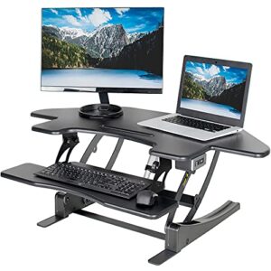 vivo black electric corner height adjustable 43 inch cubicle standing desk converter, quick sit to stand tabletop dual monitor riser, desk-v000vce