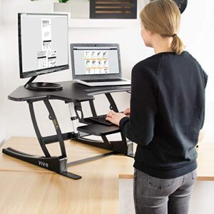 VIVO Black Electric Corner Height Adjustable 43 inch Cubicle Standing Desk Converter, Quick Sit to Stand Tabletop Dual Monitor Riser, DESK-V000VCE