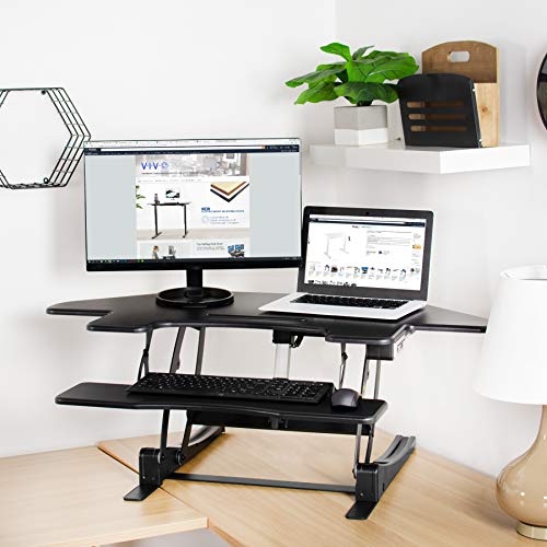 VIVO Black Electric Corner Height Adjustable 43 inch Cubicle Standing Desk Converter, Quick Sit to Stand Tabletop Dual Monitor Riser, DESK-V000VCE