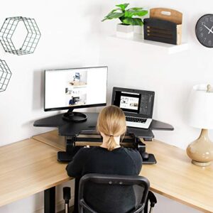 VIVO Black Electric Corner Height Adjustable 43 inch Cubicle Standing Desk Converter, Quick Sit to Stand Tabletop Dual Monitor Riser, DESK-V000VCE