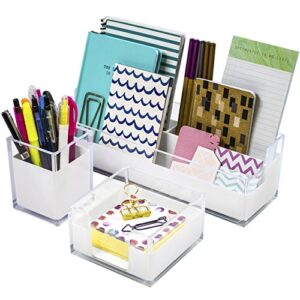 sorbus acrylic desk organizers set – 3-piece, includes desk organizer caddy, memo tray and pen cup, modern desk accessories organizer great for home or office, white clear (desk organizer set)
