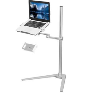 vivo aluminum laptop floor stand for 4 to 14 inch mobile phones & tablets, 12 to 17 inch laptops, height adjustable 360 degree rotating arm with ventilated tray, silver stand-lap1f