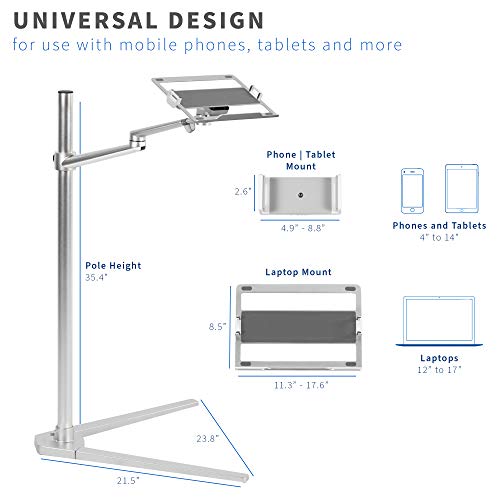 VIVO Aluminum Laptop Floor Stand for 4 to 14 inch Mobile Phones & Tablets, 12 to 17 inch Laptops, Height Adjustable 360 Degree Rotating Arm with Ventilated Tray, Silver STAND-LAP1F