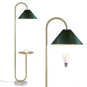 Beaysyty Modern Elegant with Tray Floor Lamp for Office Cafe Den Living Room Bedroom, Foot Switch and Brass/Gold Finish,Dark Green Pleated Cloth Lampshade