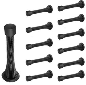 12 pack black spring door stops，3 1/3″ flexible spring door stopper with white rubber bumper tips, bendable spring rustproof steel (black)