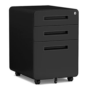 miiiko mobile filing cabinet 3 drawer, rolling small file cabinet with keys under desk, modern black filing cabinet for home office with anti-tilt wheels, a4/letter/legal hanging file drawers