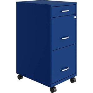 space solutions 18 inch wide metal mobile organizer file cabinet for office supplies and hanging file folders w/pencil drawer & 3 file drawers, blue