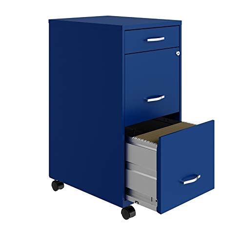 Space Solutions 18 Inch Wide Metal Mobile Organizer File Cabinet for Office Supplies and Hanging File Folders w/Pencil Drawer & 3 File Drawers, Blue