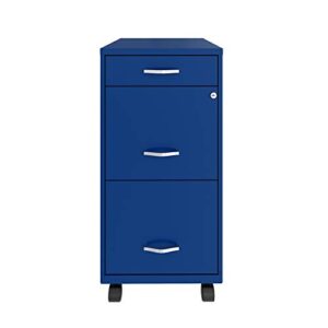 Space Solutions 18 Inch Wide Metal Mobile Organizer File Cabinet for Office Supplies and Hanging File Folders w/Pencil Drawer & 3 File Drawers, Blue