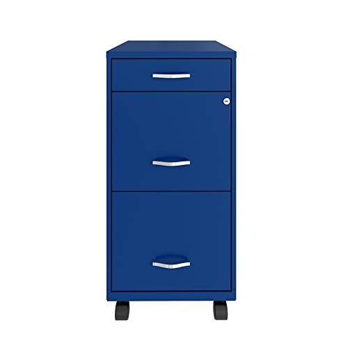 Space Solutions 18 Inch Wide Metal Mobile Organizer File Cabinet for Office Supplies and Hanging File Folders w/Pencil Drawer & 3 File Drawers, Blue