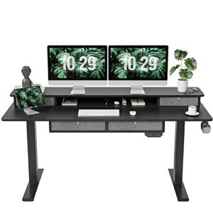 fezibo sturdy height adjustable electric standing desk with drawers, 63 x 24 inch stand up table with large storage shelf, sit stand desk, black top