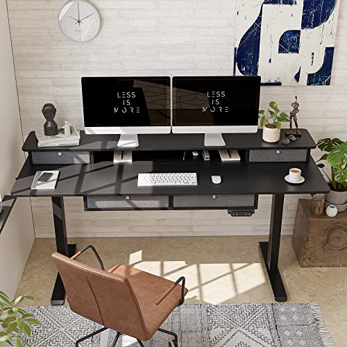 FEZIBO Sturdy Height Adjustable Electric Standing Desk with Drawers, 63 x 24 Inch Stand Up Table with Large Storage Shelf, Sit Stand Desk, Black Top