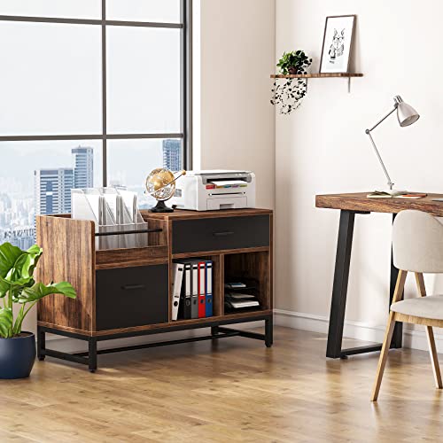 Tribesigns Rustic Brown 39 inch File Cabinet with 2 Drawers, Lateral Filing Cabinets, Printer Stand with Open Storage Shelves and Letter Size/A4 Size Drawer for Home Office