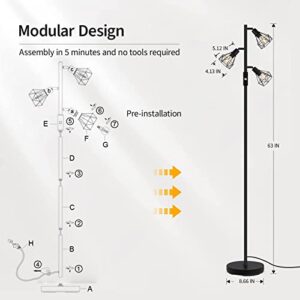 Floor Lamp, Industrial Floor Lamps for Living Room,Tree Standing Lamp Bright with 3 Charm Diamond Head 1200 Lumens Edison Bulbs LED,3 Way Switch,Modern Stand up Lamp for Bedroom Office Farmhouse