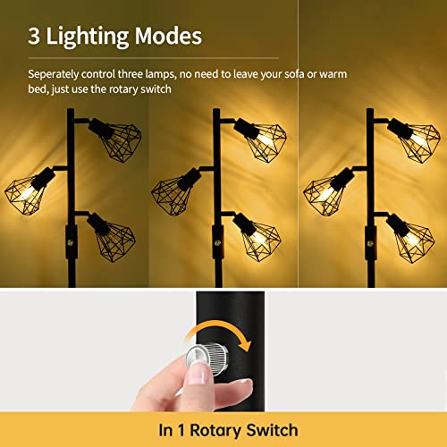 Floor Lamp, Industrial Floor Lamps for Living Room,Tree Standing Lamp Bright with 3 Charm Diamond Head 1200 Lumens Edison Bulbs LED,3 Way Switch,Modern Stand up Lamp for Bedroom Office Farmhouse