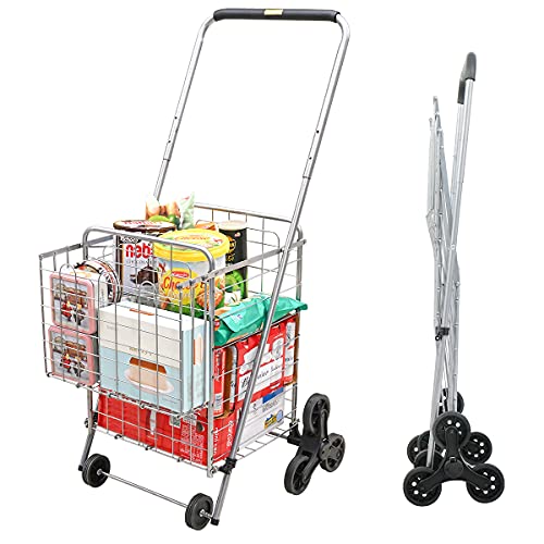 Supenice Grocery Shopping Cart with Wheels Deluxe Stair Climber Utility Cart Easily Collapsible Cart with Tri-Wheels, 66 LBS Capacity, Extended Foam Cover, Trolley for Shopping, Stair, Laundry