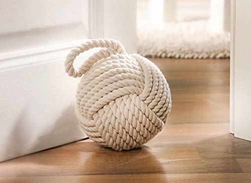 Westcharm 6" Dia. Cream Monkey Fist Rope Knot Door Stopper | Nautical Knot Door Stop | Decorative Tablecloth Weight | Weighted Window Wedge | Coastal Rope Ball Bookend | Sailor's Knot Doorstop - Ivory