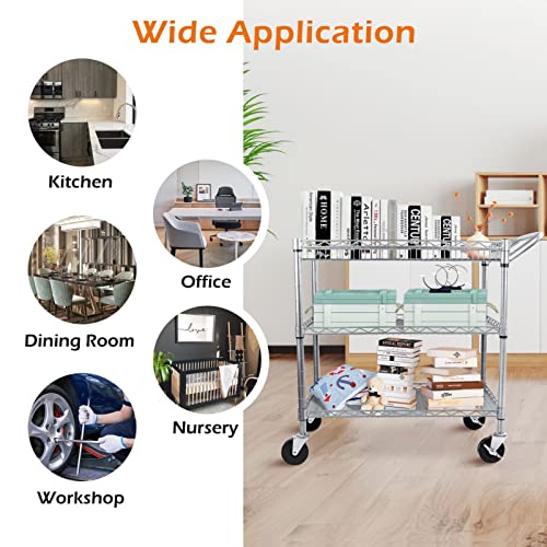 WDT Heavy Duty 3 Tier Rolling Utility Cart, Kitchen Metal Utility Carts with Handle Bar, Utility Shelf Plant Display Shelf Food Cart Storage Trolley with Wheels, Silver