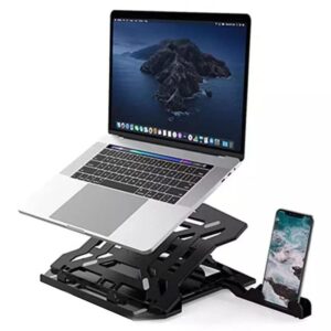 kindream laptop stand: 10-18″ laptops such as macbook air, pro, hp, dell, etc., 360°rotation adjustable, hollow out for cooling, foldable and portable, with mobile phone stand, office, black