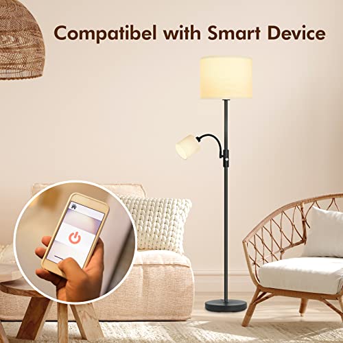 LED Floor Lamp, Standing Lamp, 12W Floor Lamp with 4W Reading Light, 69" Tall Pole Lamps with Lampshades, 3-Way Rotary Switch, 2700K Bright, Stand up Lamps for Living Room/Bedroom/Office/Den, White