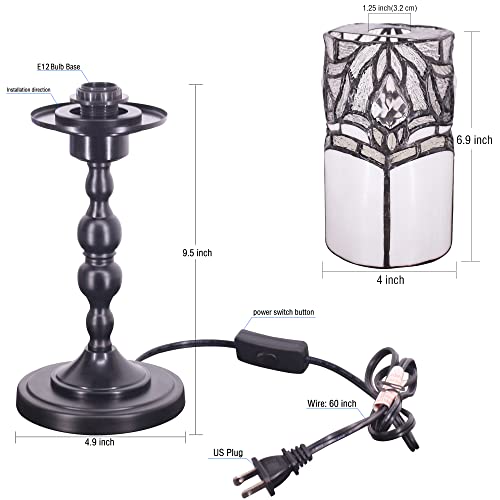 RHLAMPS Small Tiffany Lamp Mini Stained Glass Candlestick Table Lamp W4H15 Inch White Style Memory Accent Lamp Decor Bedroom