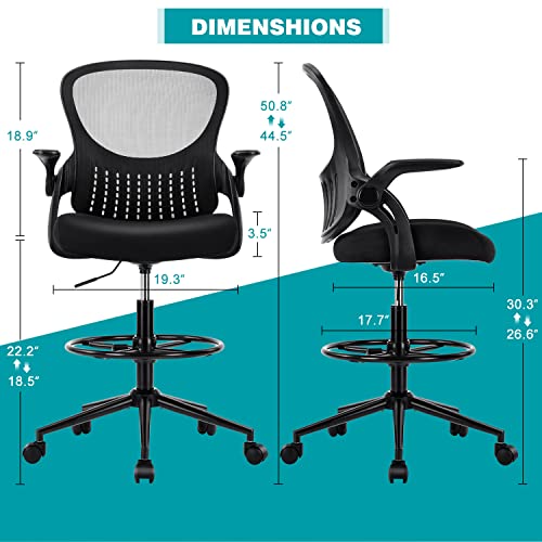 edx Drafting Chair Tall Office Chair, Tall Standing Desk Chair Counter Height Tall Adjustable Office Chair with Flip-up Arms/Wheels, Mid Back Mesh Office Drafting Chairs for Standing Desk