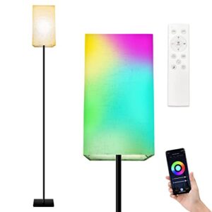 smart rgb led floor lamp: color changing standing lamp for living room bedroom office – works with alexa google assistant wifi app remote control – modern tall lamp with linen lamp shade & colors bulb