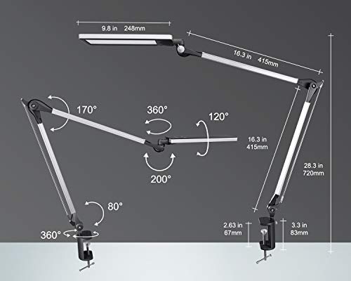 PHIVE LK-1 Metal Architect Swing Arm LED Desk Lamp / Table Lamp with Clamp (Eye-Care Technology, Dimmable, 6-Level Dimmer / 4 Lighting Modes with Touch Control, Memory Function) Task Light