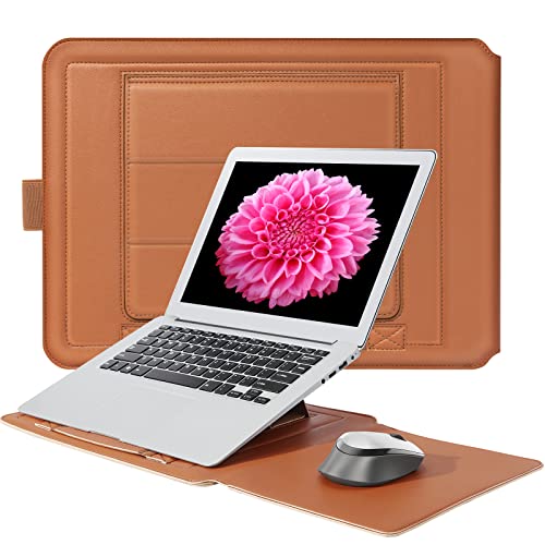 Soqool Laptop Stand for Desk, Compatible with 14inch MacBook Air Leather Stand Sleeve, Portable Laptop Stand Compatible with 13/13.3/14 Inch MacBook Pro/MacBook Air Foldable Laptop Stand Cover Sleeve