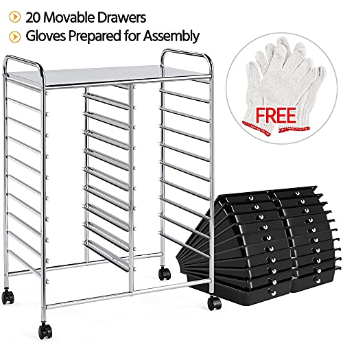 Topeakmart Utility Cart with 20 Drawers Rolling Cart Organizer Plastic Storage Drawers Craft Trolley 360 Degree Castor Wheels, Black