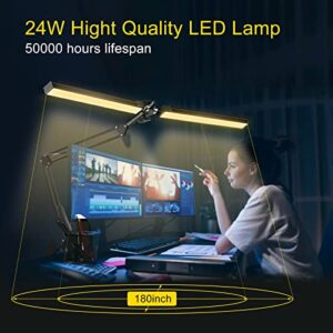 EOOKU LED Desk Lamps with Clamp, Double Head Swing Arm Desk Lamps for Home Office, Task Lamp Architect 24W 160pcs LED Lights Eyes-Care, 3 Color Modes, Stepless Dimming, Flexible Gooseneck Arms