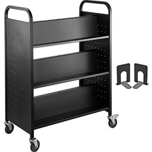 vevor book cart, library cart 6-shelf, rolling library book cart double sided w-shaped sloped shelves with 4-inch lockable wheels, for home shelves office and school book truck in black